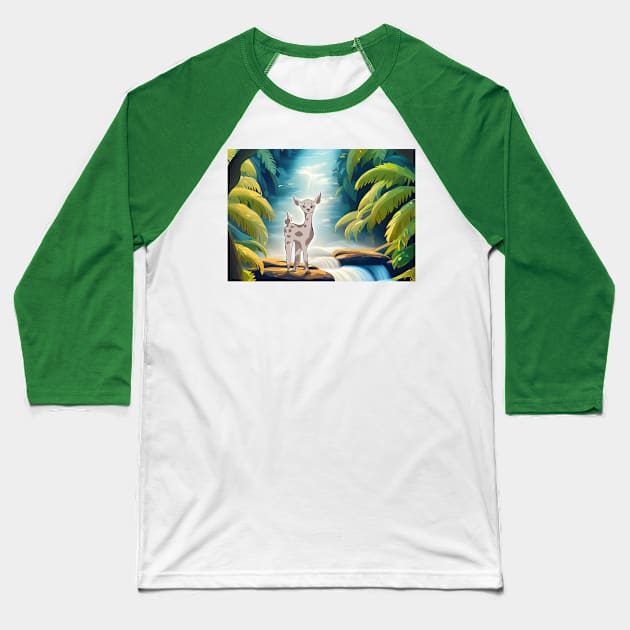 Deer in the Jungle and Waterfall Baseball T-Shirt by Ammi